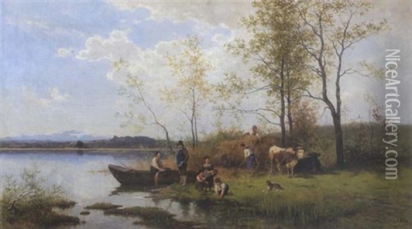 Heuernte Am Ufer Eines Vorgebirgssees Oil Painting - Julius Noerr
