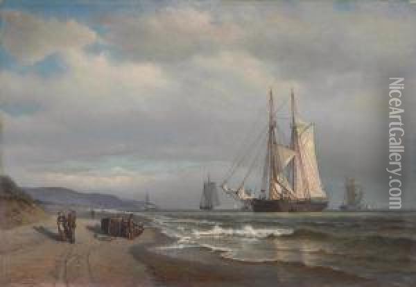 Shipping In A Calm In Sandy Hook Bay Oil Painting - Archibald Cary Smith
