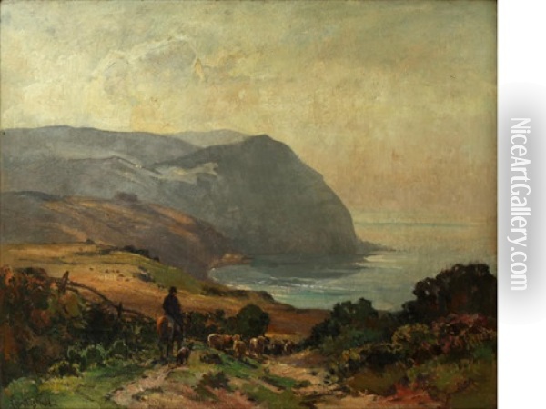 Lynmouth Coastal Scene, With Farmer And Sheep On A Track Oil Painting - Alexander Carruthers Gould