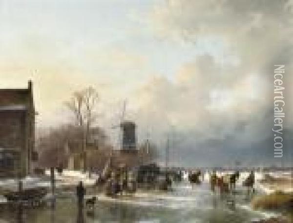 An Extensive Winter Landscape With Numerous Villagers On The Ice Oil Painting - Andreas Schelfhout