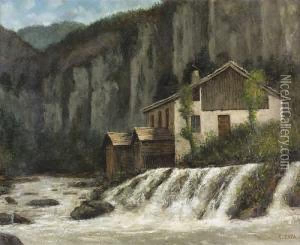 Landschaft Mit Anwesen Bei Einem Wasserfall. Oil Painting - Cherubino Pata