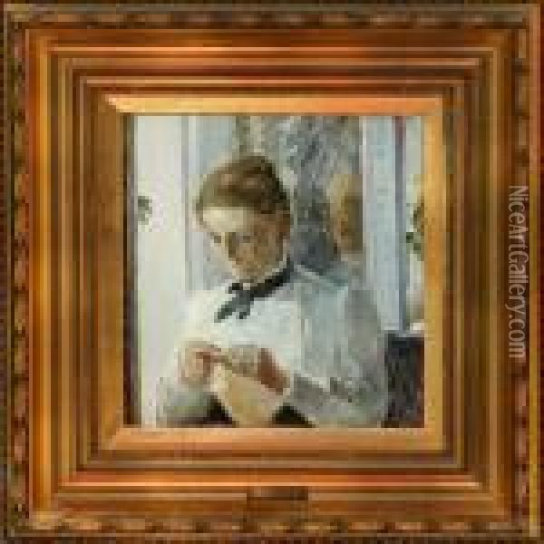 Woman With Herneedlework Oil Painting - Bertha Wegmann