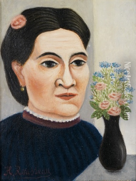 Portrait De Femme Au Bouquet De Fleurs Oil Painting - Henri Rousseau