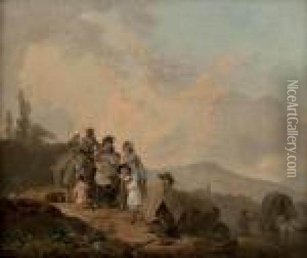 Rustic Family In A Hilly Landscape Oil Painting - Julius Caesar Ibbetson