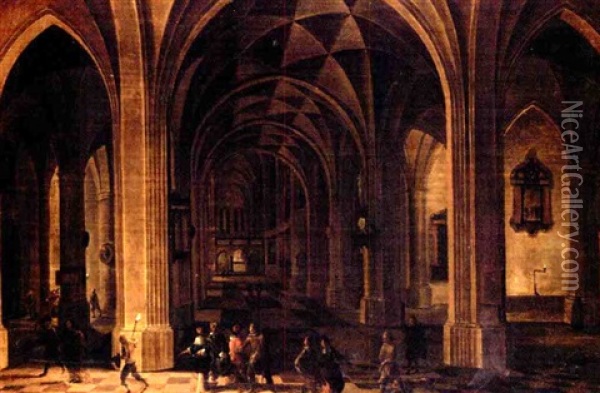 An Elegant Company In A Church Interior At Night Oil Painting - Dirck Van Delen