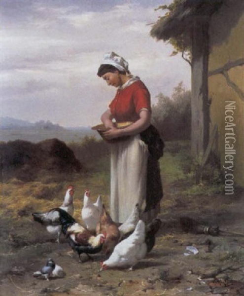 Het Voeren Van De Kippen Oil Painting - Eugene Remy Maes