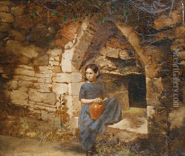 A Girl Seated In A Stone Arch Oil Painting - George Hepper