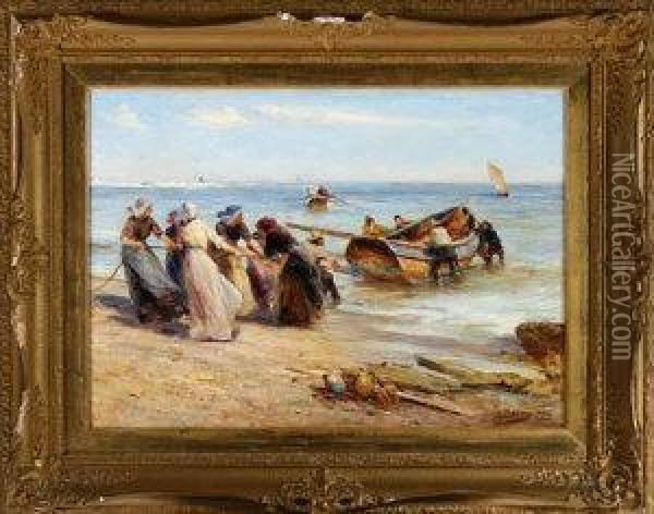 Hauling In The Coble Oil Painting - Robert Jobling