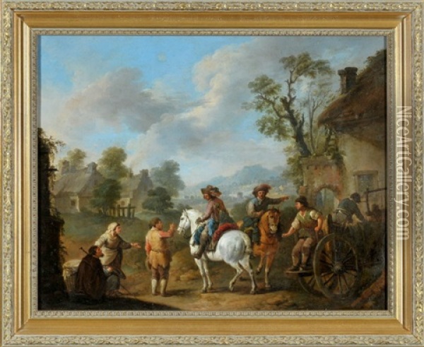 Edelmanner Zu Pferd Mit Handels- Und Bauersleuten Am Landhaus Oil Painting - Carel van Falens