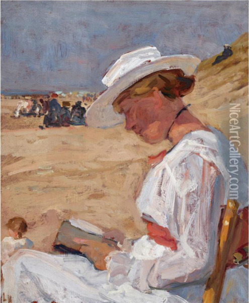 An Interesting Read On The Beach Oil Painting - Louis Hartz