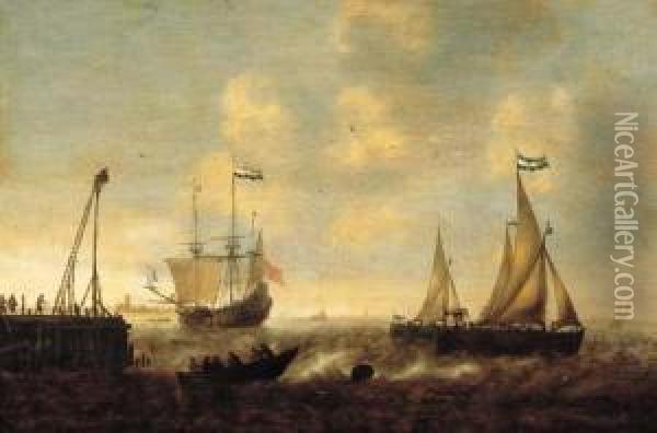 Smallships, A Threemaster And A 
Pink On A River By A Jetty In A Stiff Breeze, A Town In The Distance Oil Painting - Jacob Adriaensz. Bellevois