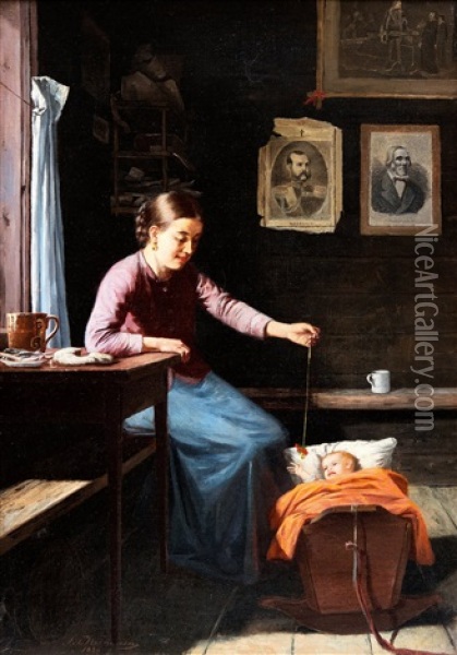 In The Cradle Oil Painting - Sigfrid August Keinanen