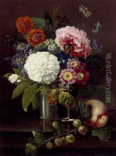 Roses, marigolds, daises, primroses and other summer blooms in a glass by a peach and a sprig of gooseberries Oil Painting - Johan Carl Smirsch