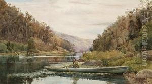 Boatman On The Hawkesbury River, At Cole And Candle Creek, Near Akuna Bay Oil Painting - Julian Rossi Ashton