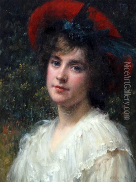 A Portrait Study Of A Young Lady Before A Flower Border Oil Painting - Robert Edward Morrison