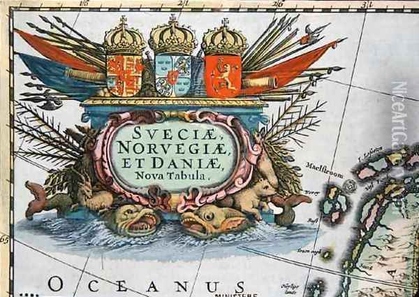 Cartouche from a map of Sweden Norway and Denmark Oil Painting - Henricus Hondius