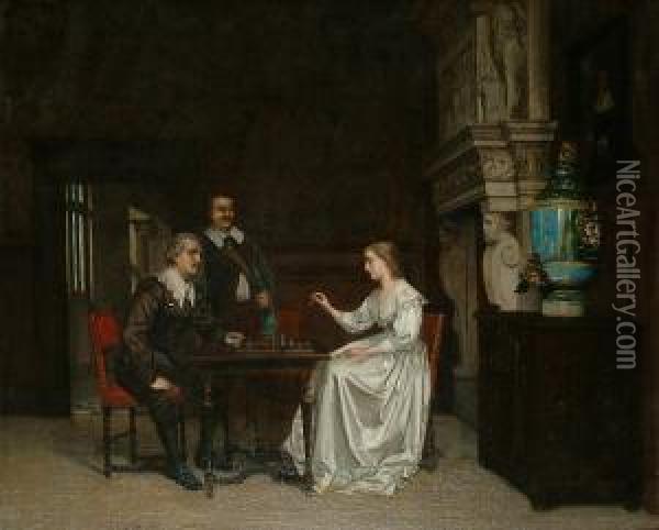 A Game Of Chess In A Luxurious Interior Oil Painting - Franz Moormans