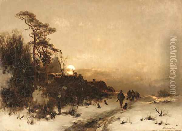 A walk along a snowy path Oil Painting - Anton Windmaier