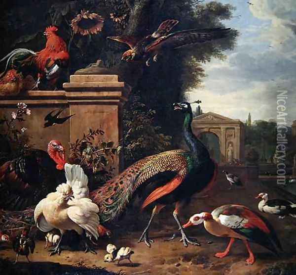 A Peacock a Hawk and Various Fowl and Ducks in a Park Oil Painting - Melchior de Hondecoeter