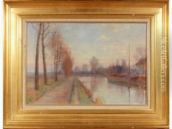 Bord Canal Et Peniche Pres De Cormontreuil Oil Painting - Paul Bocquet