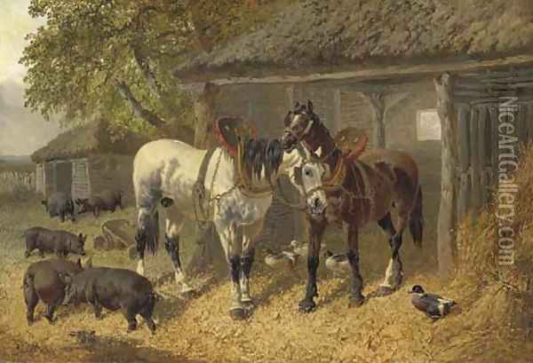 Horses, pigs and ducks in a farmyard Oil Painting - John Frederick Herring Snr