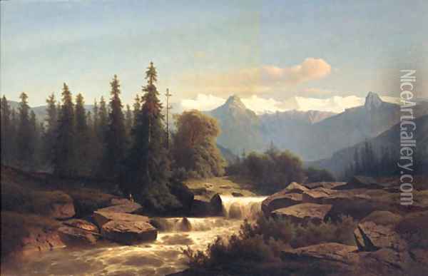 Anglers Fishing In Mountain Rapids Oil Painting - Adolf Chwala