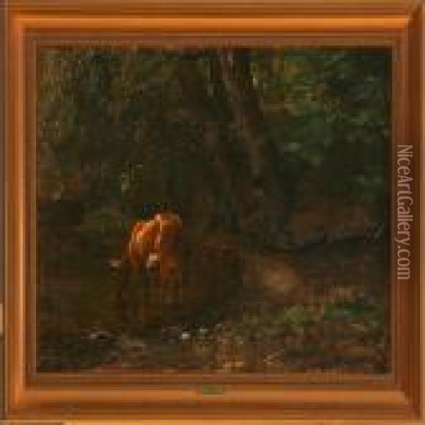 Cow Watering In Alake In The Forest Oil Painting - Peter Christian T. Skovgaard