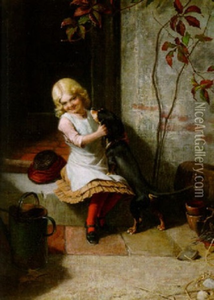 Kleines Madchen Spielt Mit Ihrem Dackel An Der Hoftur Oil Painting - Carl Rohde
