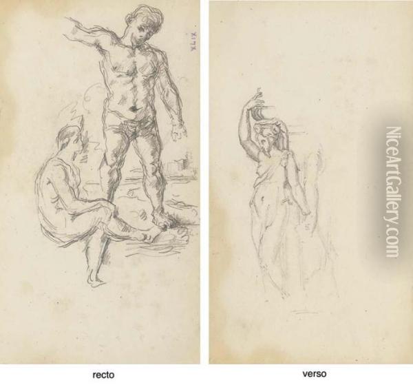 Deux Baigneurs (recto); D'apres Marcantonio Raimondi: Caryatide (verso) Oil Painting - Paul Cezanne