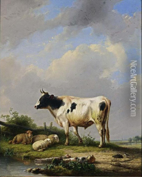 A Bull And Sheep In A Meadow Oil Painting - Eugene Joseph Verboeckhoven
