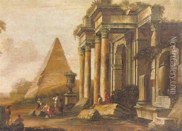 Figures Amongst An Architectural Capriccio With A Pyramid Oil Painting - Giovanni Paolo Panini
