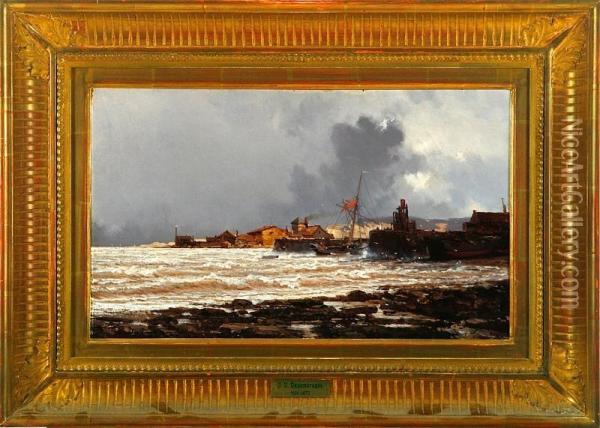 A Coast With Boats In A Harbour. Signed Oil Painting - Joseph Vezien Desombrages