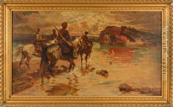 Cavaliers Au Coucher De Soleil Oil Painting - Mykola Samokysh