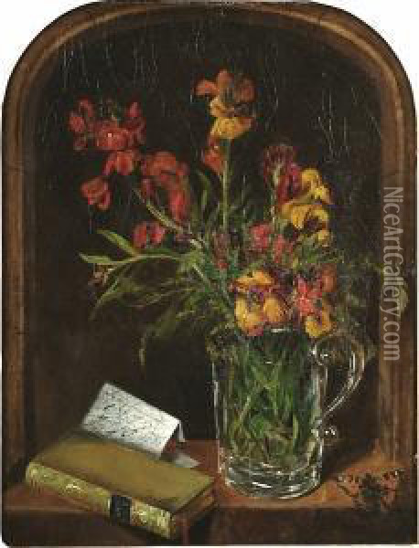Still Life Of Irises In A Glass Jug In A Niche, With A Book And A Butterfly Oil Painting - Edward George Handel Lucas