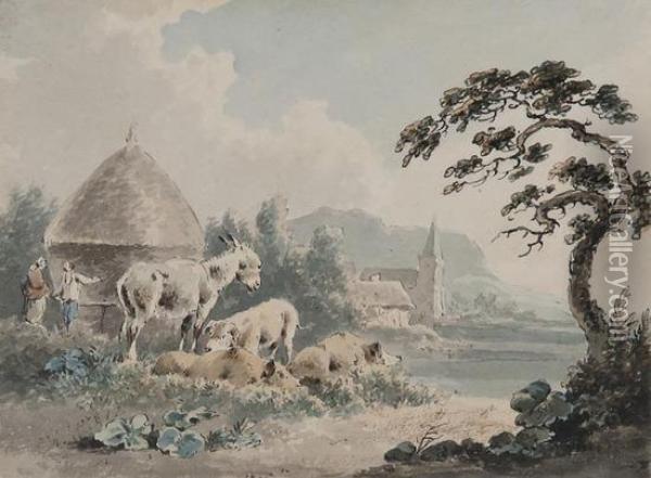 Pigs And Donkey By A Haystack Oil Painting - Peter La Cave
