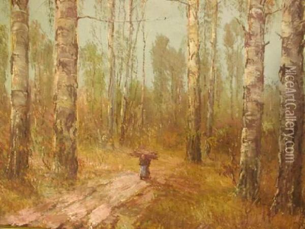 Porteuse De Bois Sur Un Chemin Forstier Oil Painting - Georg Johann Koehler