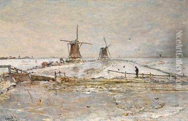 Snow Covered Windmills Near Overschie Oil Painting - Paul Joseph Constantine Gabriel