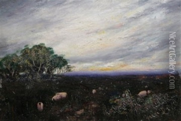 Shepherd And Sheep In A Landscape, Sheep In A Nocturnal Landscape Oil Painting - Henry Eason Davies