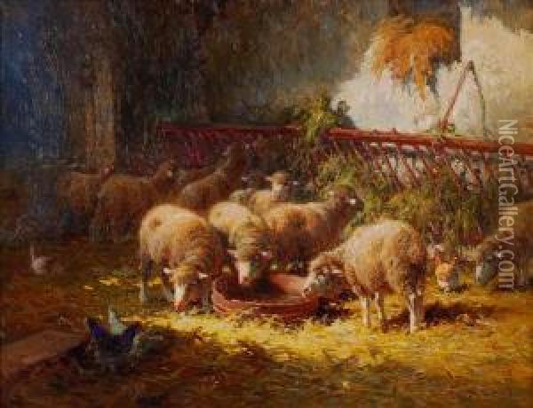 Sheep Feeding Ina Stall Oil Painting - Charles Clair