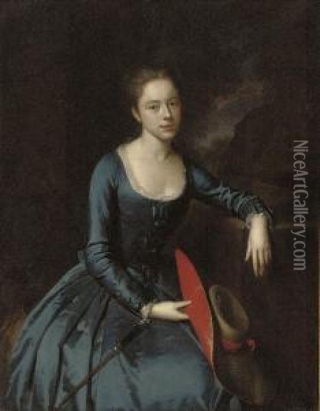 Portrait Of A Lady, Seated, 
Three-quarter-length, In A Blue Satin Riding Habit, Holding A Straw 
Bonnet With Red Silk Trim In Her Right Hand, With A Riding Crop In Her 
Lap, In A Landscape Oil Painting - Heroman Van Der Mijn