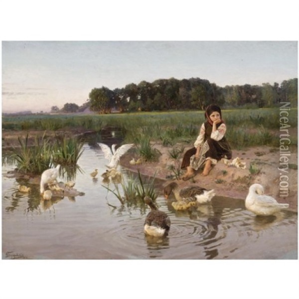 Ukrainian Girl Tending Geese Oil Painting - Nikolai Kornilievich Bodarevsky