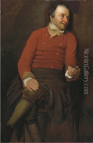 A Study Of A Man, In A Red Vest, Holding A Snuff Box In His Left Hand Oil Painting - Julius Quinkhardt