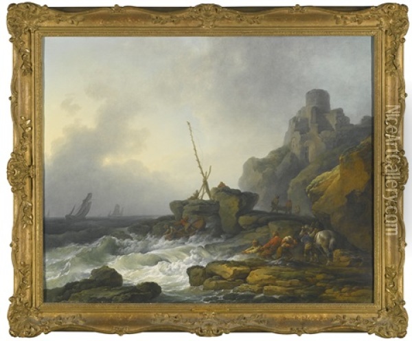 Fishermen Pulling In Their Nets In Rough Seas Oil Painting - Philip James de Loutherbourg