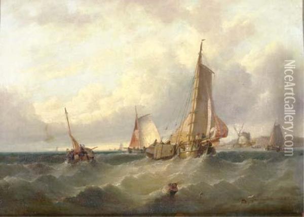 Fishing Vessels Off A Coast With A Windmill In The Distance Oil Painting - William Clarkson Stanfield