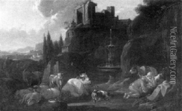 Vor Einem Romischen Brunnen Lagern Hirten Mit Ihren Tieren Oil Painting - Johann Heinrich Roos