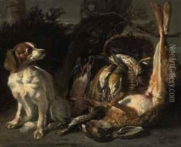 A Spaniel, With Dead Birds In A Basket And A Dead Rabbit, In Alandscape Oil Painting - David de Coninck