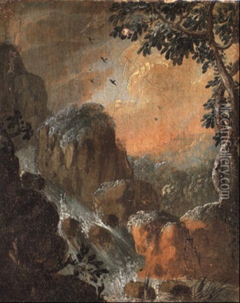 Paesaggio Con Cascata Tra Le Rocce E Albero A Destra Oil Painting - Alessio De Marchis