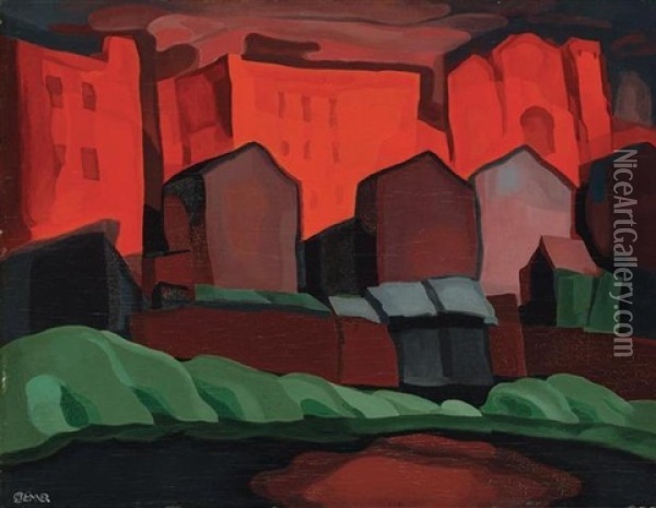 American Night-red Glare Oil Painting - Oscar Florianus Bluemner