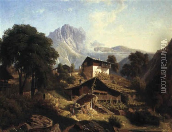 A Landscape In The Alps Oil Painting - August Wilhelm Leu