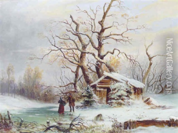 Figures In A Frozen Winter Landscape Oil Painting - Elias Pieter van Bommel